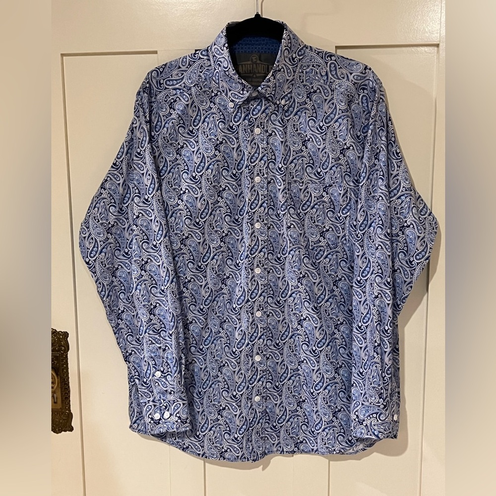 Panhandle Tuf Cooper Performance Button Down Blue Paisley Men's Shirt Medium
